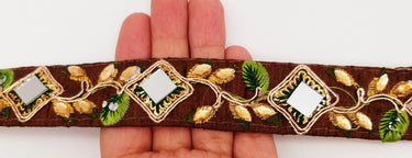 Brown Silk Trim With Mirrors Embellishments and Floral Embroidery, Approx. 26mm Wide, Decorative Trim Costume Trim Fashion Trim By Yard